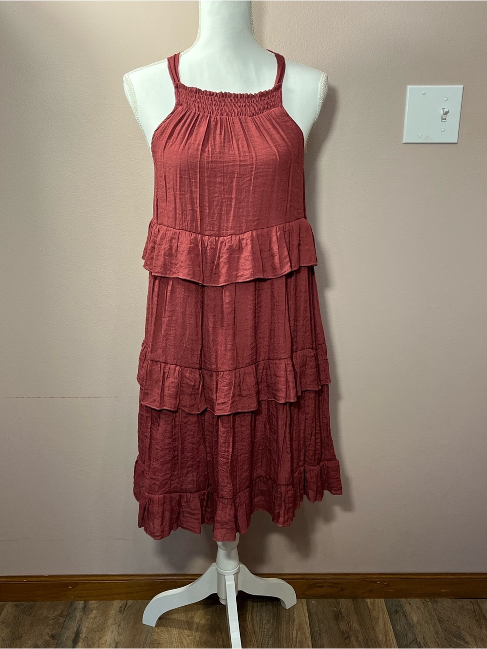 Tiered Ruffle Midi Dress in Rust